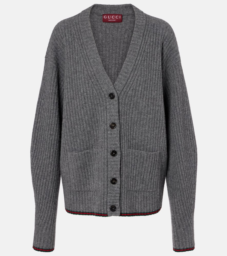 Gucci Rib Felted Wool Cardigan With Web In Gray