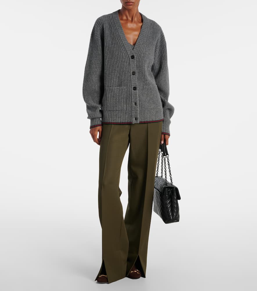 Gucci Rib Felted Wool Cardigan With Web In Gray