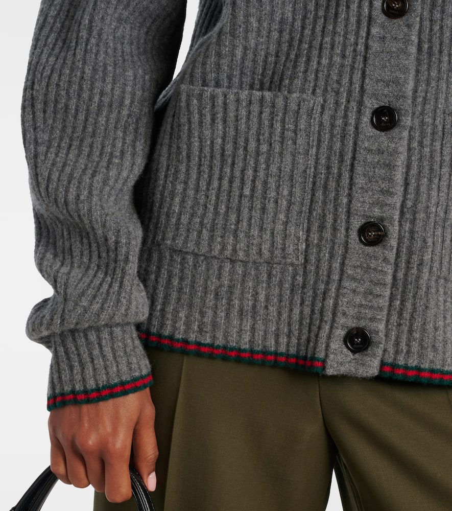 Gucci Rib Felted Wool Cardigan With Web In Gray