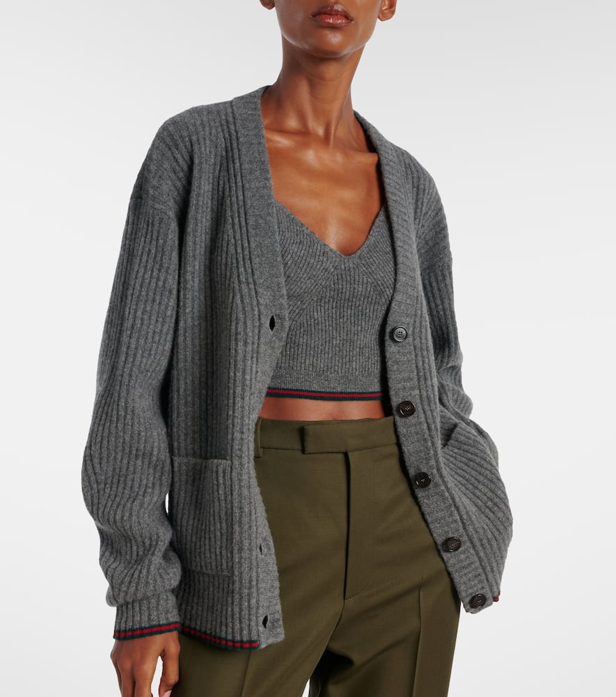 Gucci Rib Felted Wool Cardigan With Web In Gray