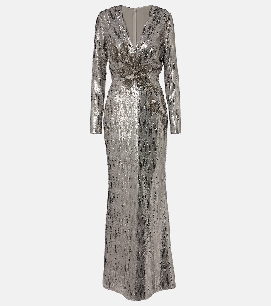 Elie Saab Sequin-embellished V-neck Maxi Dress In Gray