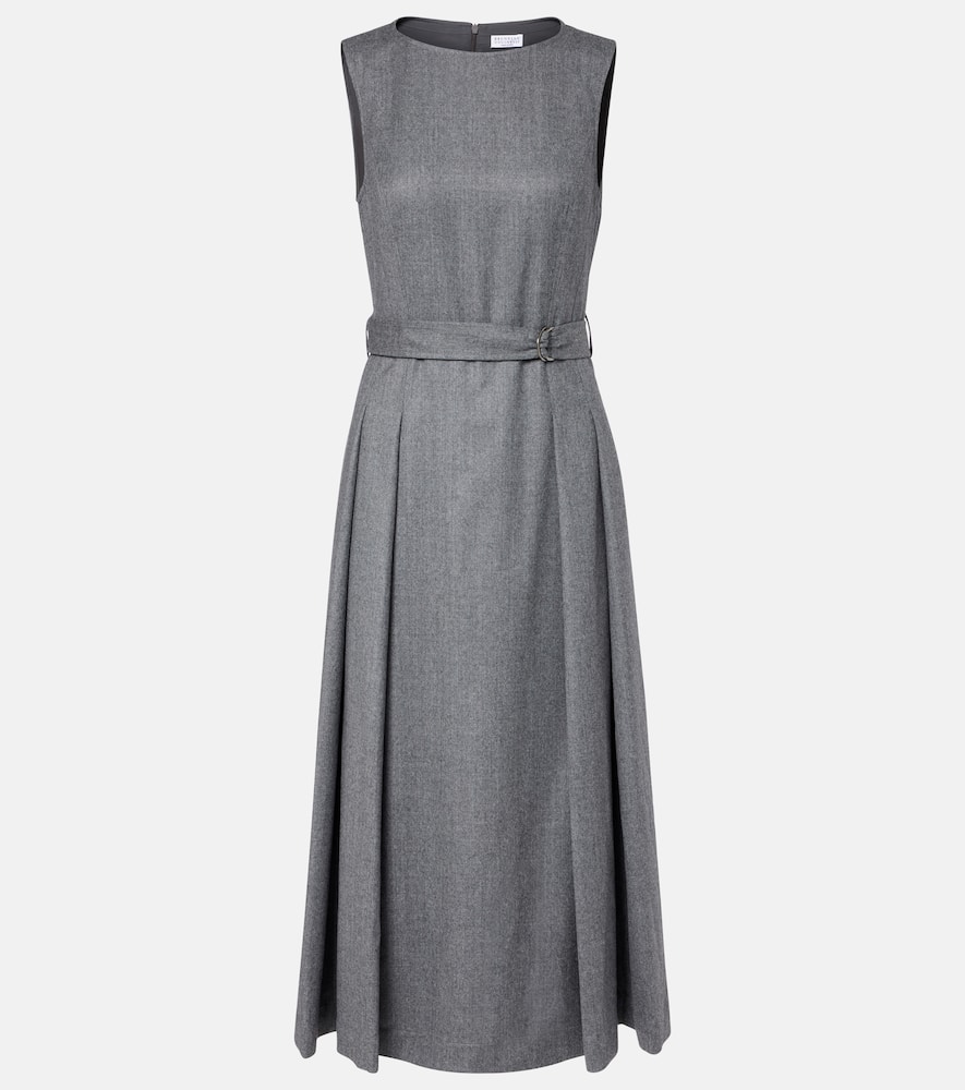 Brunello Cucinelli Belted Virgin Wool Midi Dress In Gray
