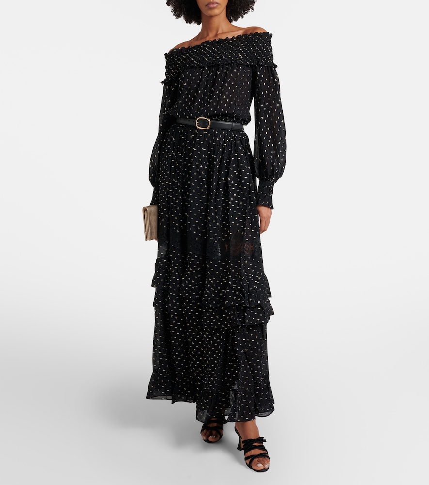 Self-Portrait Shirred metallic-effect off-shoulder top