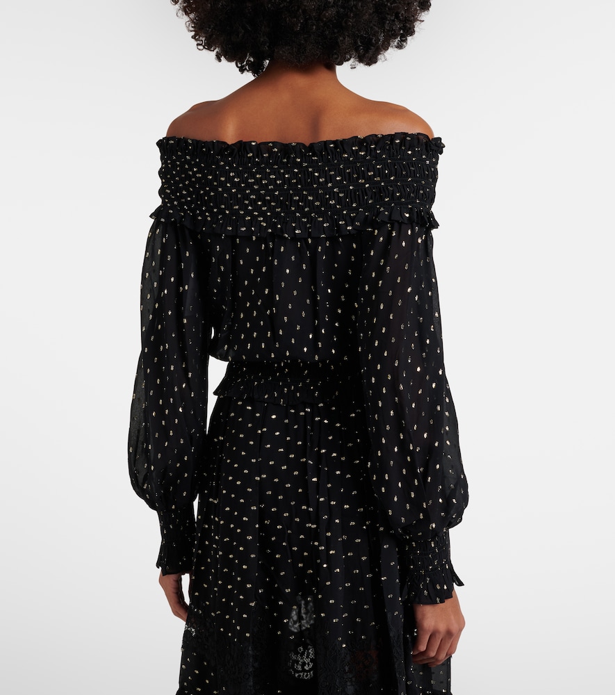  Self-portrait Self-portrait Shirred Metallic-effect Off-shoulder Top 