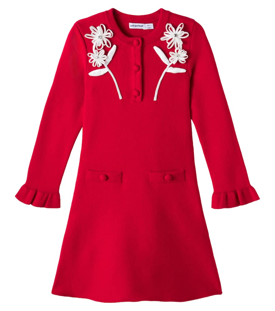 Abito in misto lana e cotone con applicazioni floreali