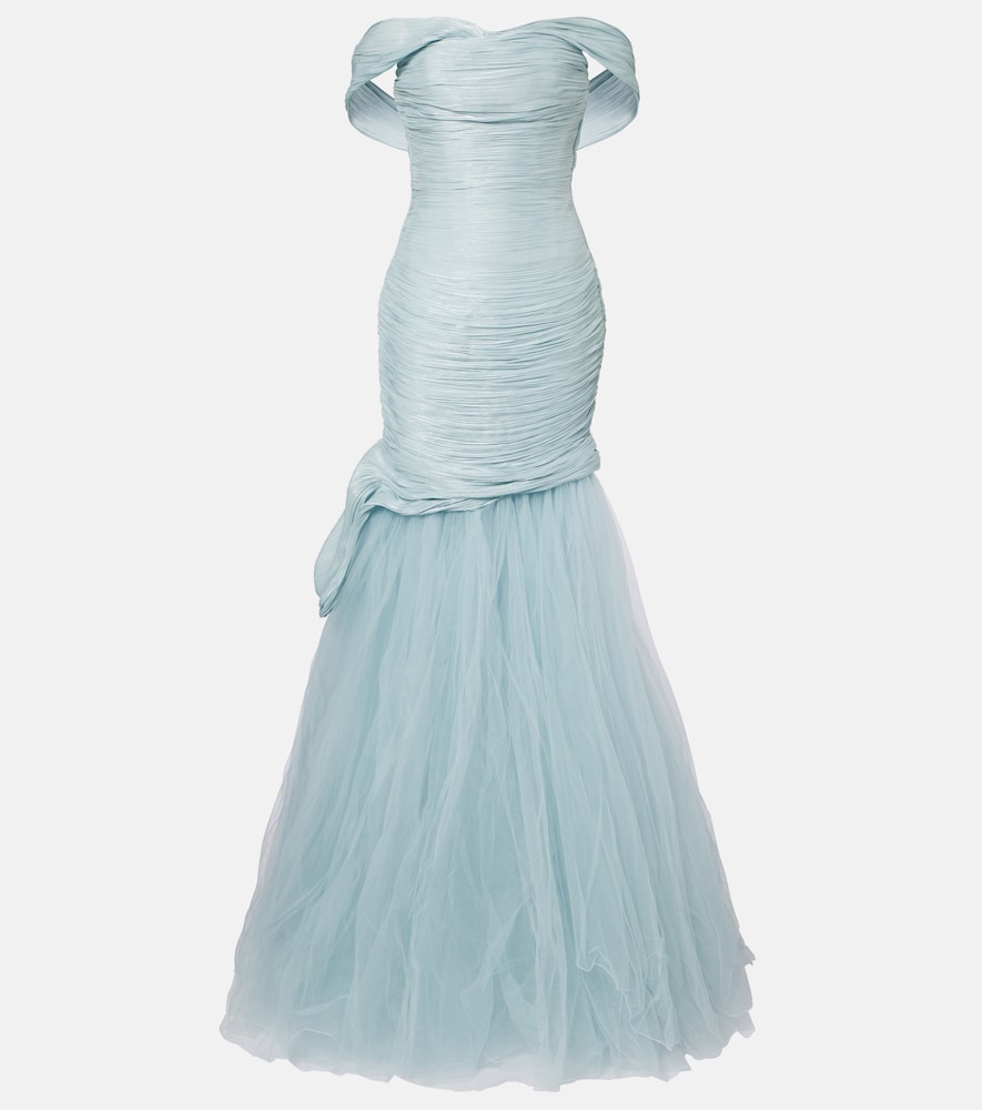 Marmar Halim Pleated Off-shoulder Bustier Gown In Blue