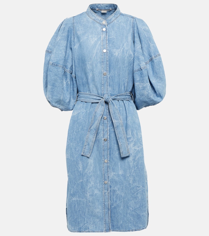 Puff-sleeve denim shirt dress