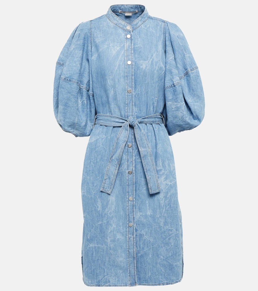 Shop Stella Mccartney Puff-sleeve Denim Shirt Dress In Crinkle Blue