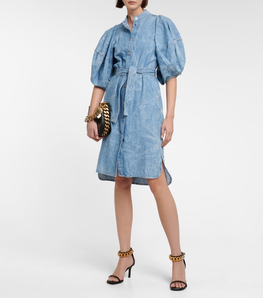 Shop Stella Mccartney Puff-sleeve Denim Shirt Dress In Crinkle Blue