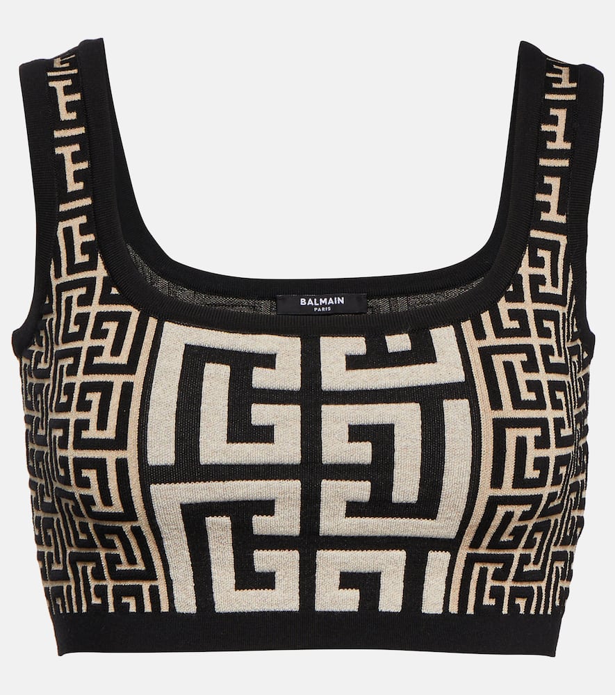 Shop Balmain Monogram Jacquard Crop Top In Black