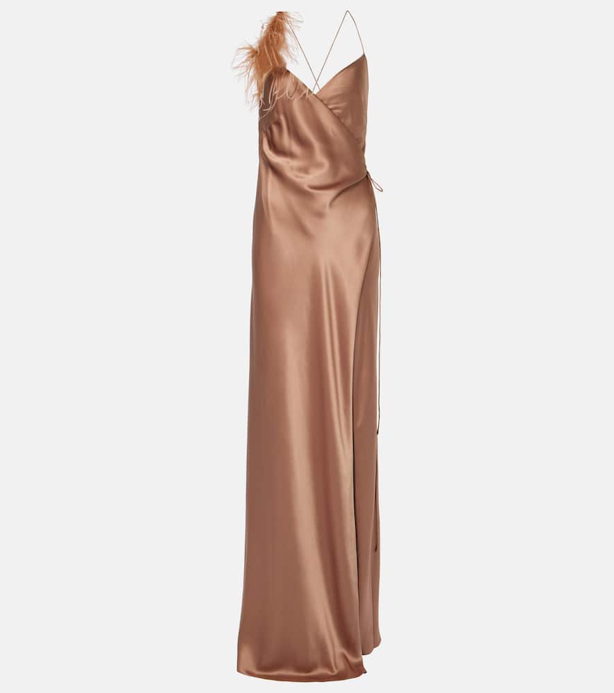 Feather-trimmed silk satin wrap dress