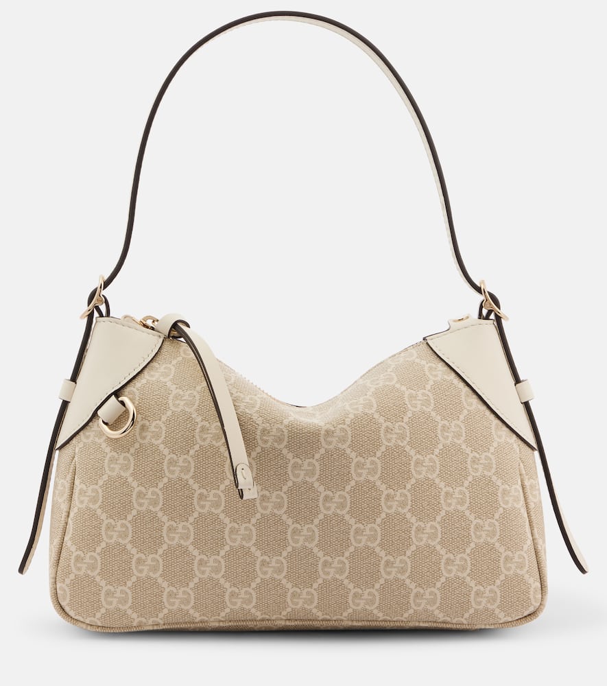 Gucci Gg Emblem Small Leather-trimmed Shoulder Bag In Beige