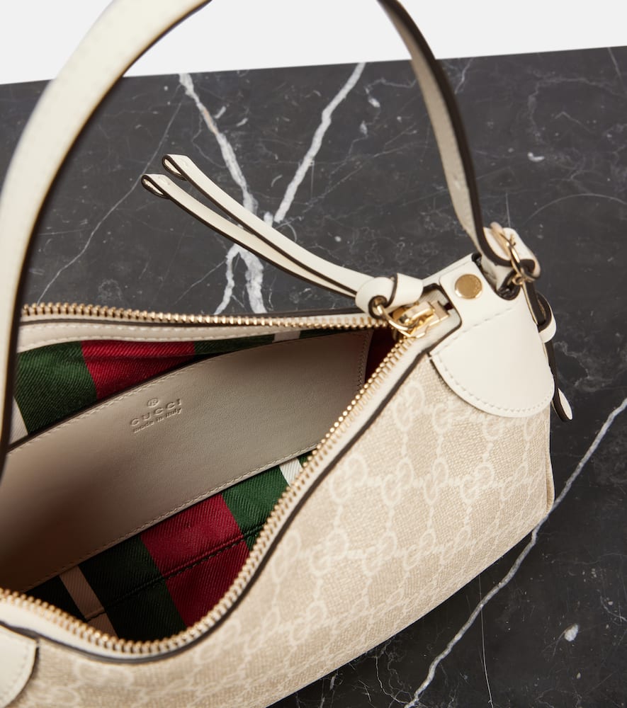 Gucci Gg Emblem Small Leather-trimmed Shoulder Bag In Beige