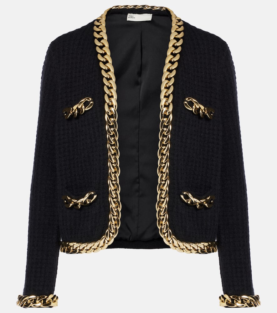 Tory Burch Kendra Chain-embellished Waffle-knit Cardigan In Black
