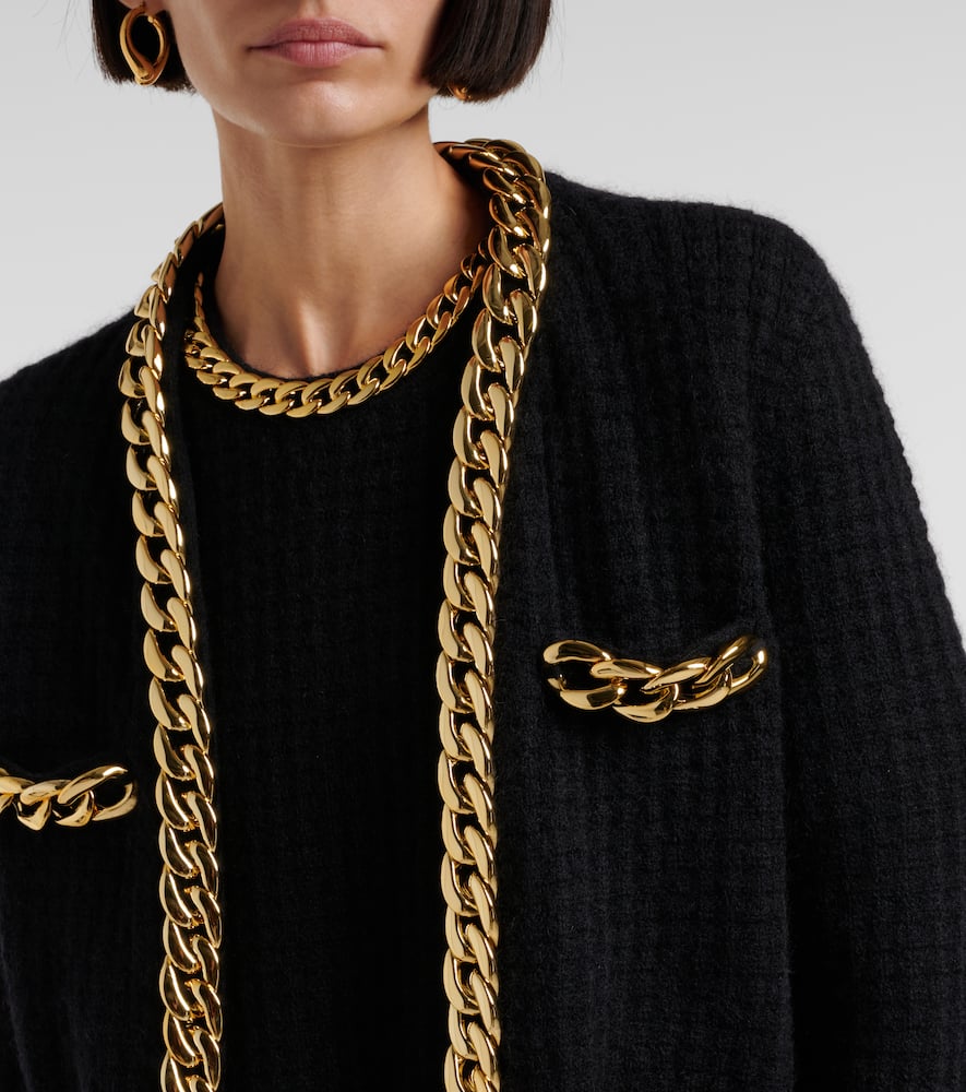 Tory Burch Kendra Chain-embellished Waffle-knit Cardigan In Black