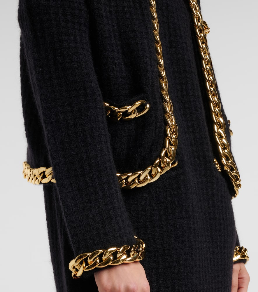 Tory Burch Kendra Chain-embellished Waffle-knit Cardigan In Black