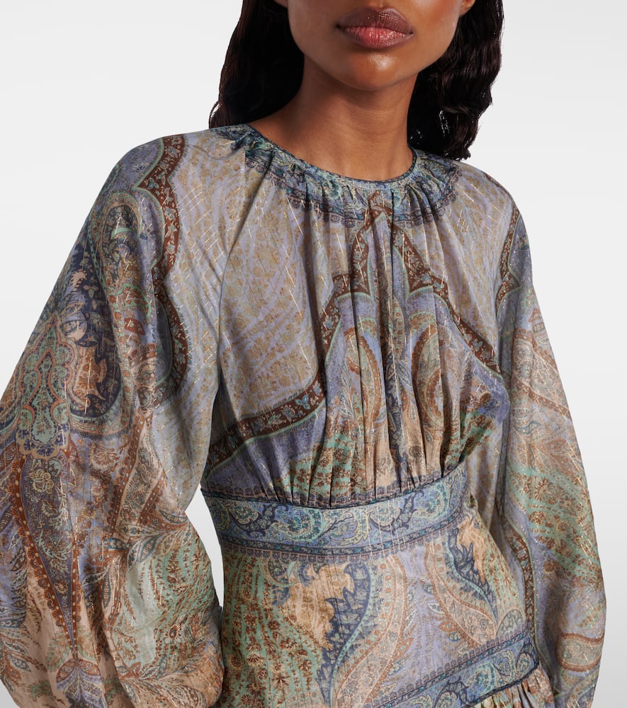 Zimmermann Wanderlust Multicolor Crewneck Mini Dress With Puffed Long Sleeves And All-over Print In Cotton And  In Multi