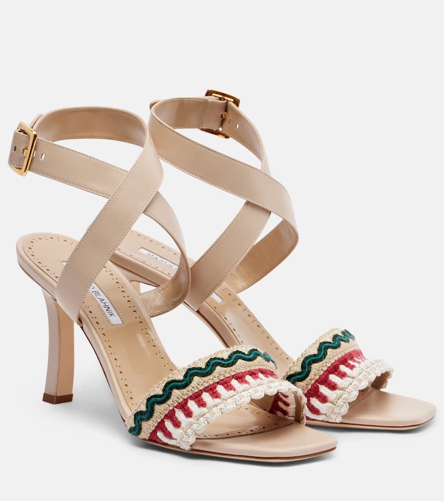 Manolo Blahnik Mabeco 90 Embroidered Leather Sandals In Neutral