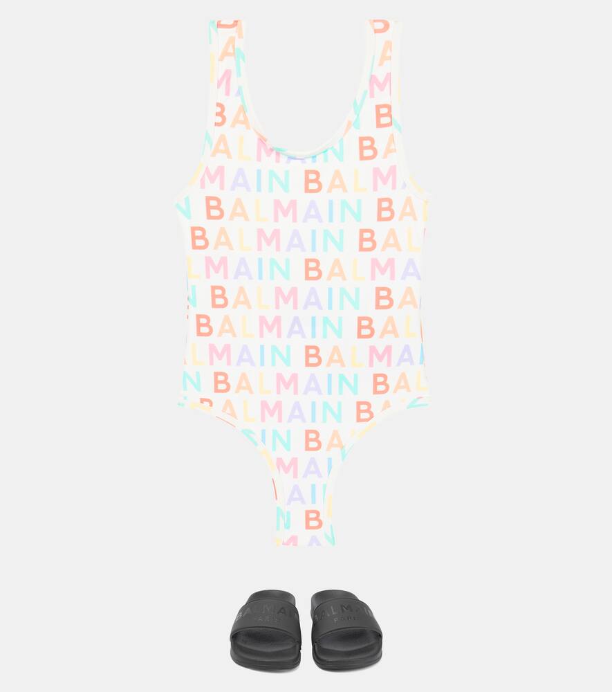 Balmain Little Girl's & Girl's Logo Print One-piece Swimsuit In White/colourful
