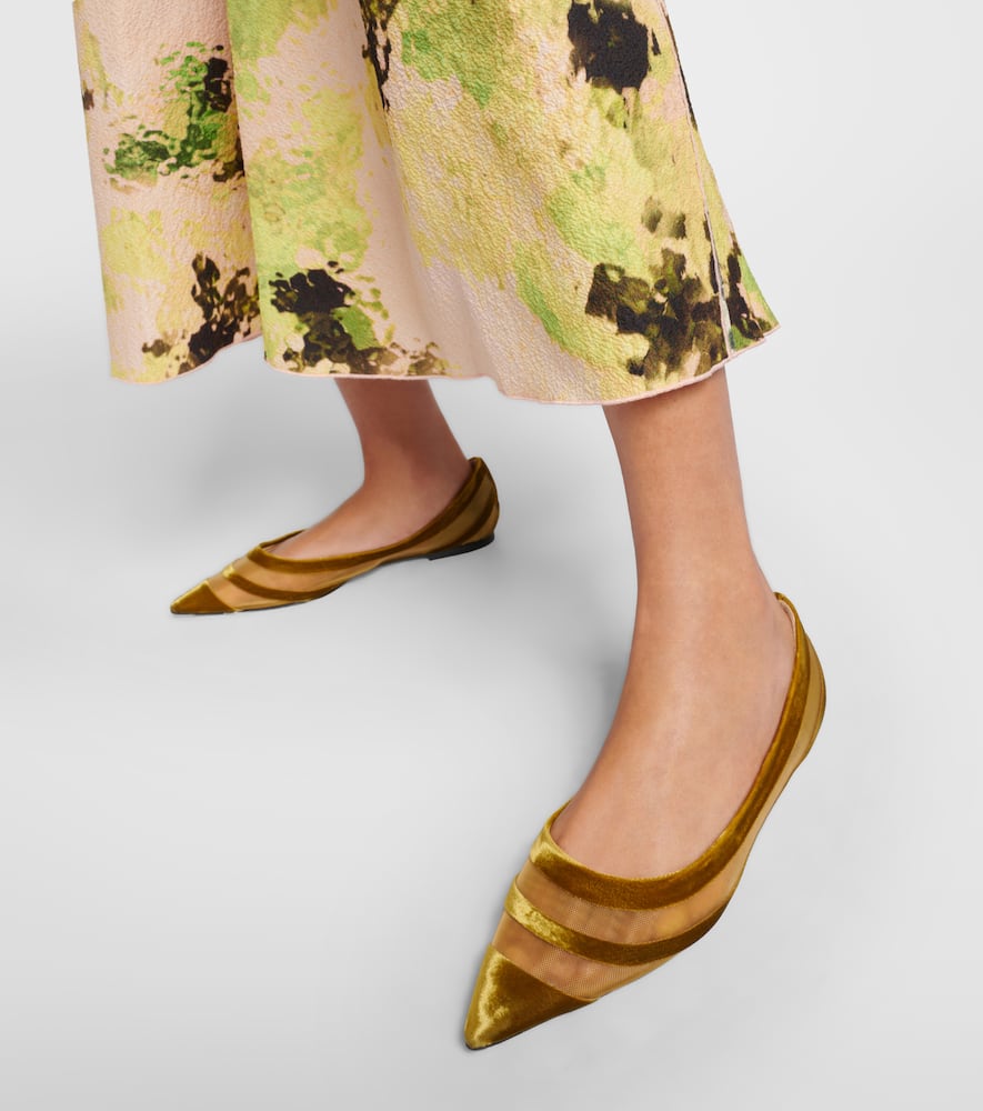 Shop Jimmy Choo Love Velvet-trimmed Ballet Flats In Gold