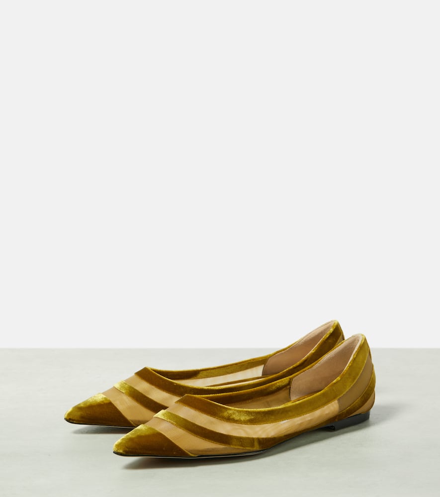 Shop Jimmy Choo Love Velvet-trimmed Ballet Flats In Gold