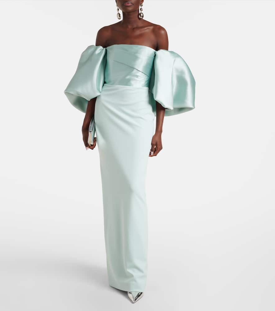 Solace London 'floris' Green Long Dress With Boat Neckline And Puffed Short Sleeves In Blue