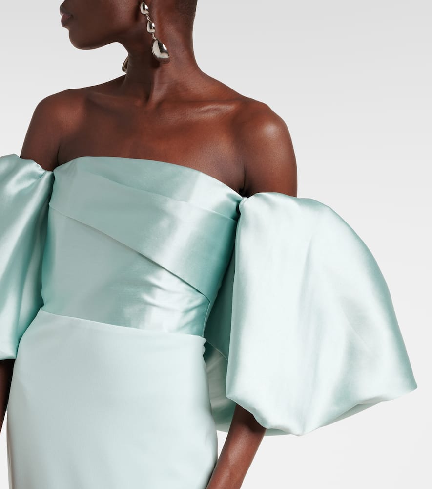 Solace London 'floris' Green Long Dress With Boat Neckline And Puffed Short Sleeves In Blue