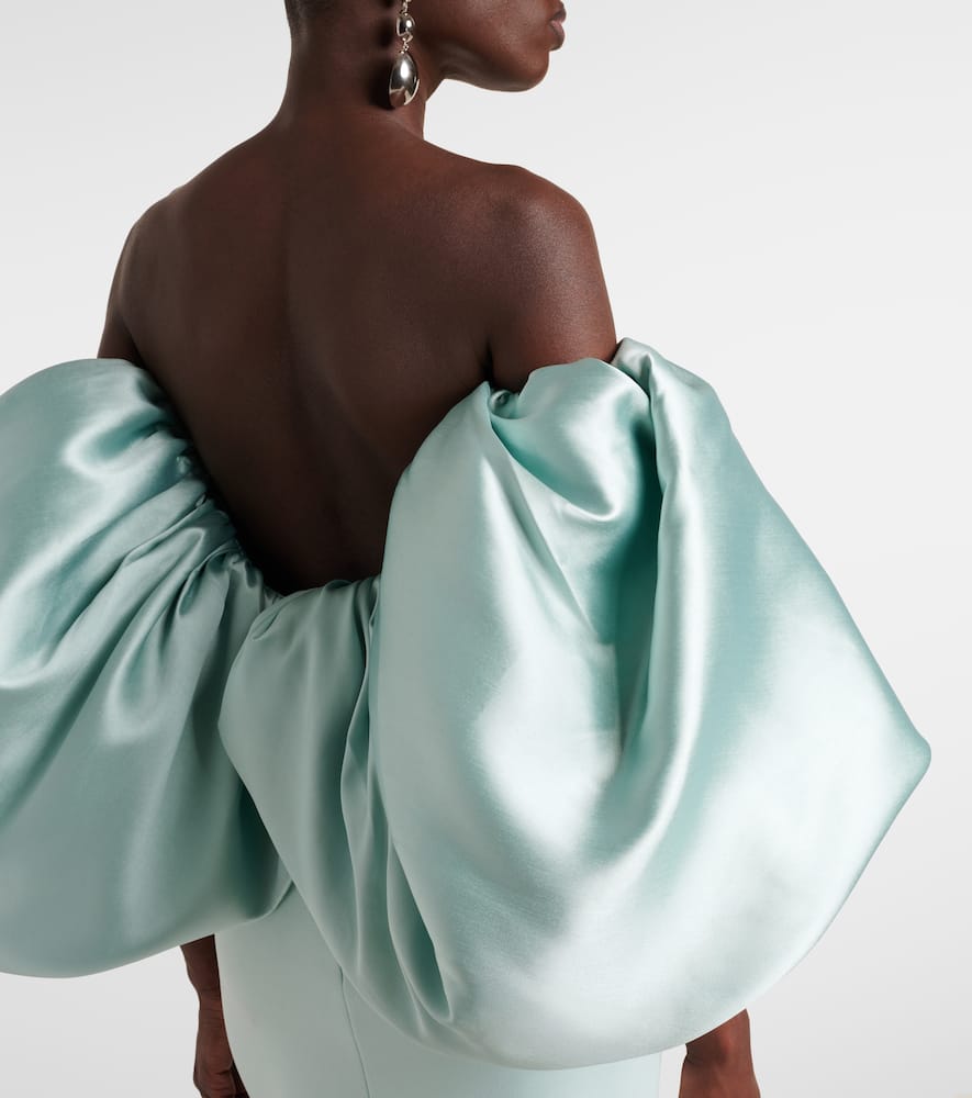 Solace London 'floris' Green Long Dress With Boat Neckline And Puffed Short Sleeves In Blue