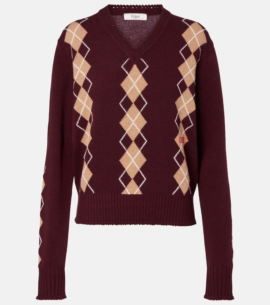 Chloé Chloe Argyle Wool And Cashmere Sweater In Burgundy