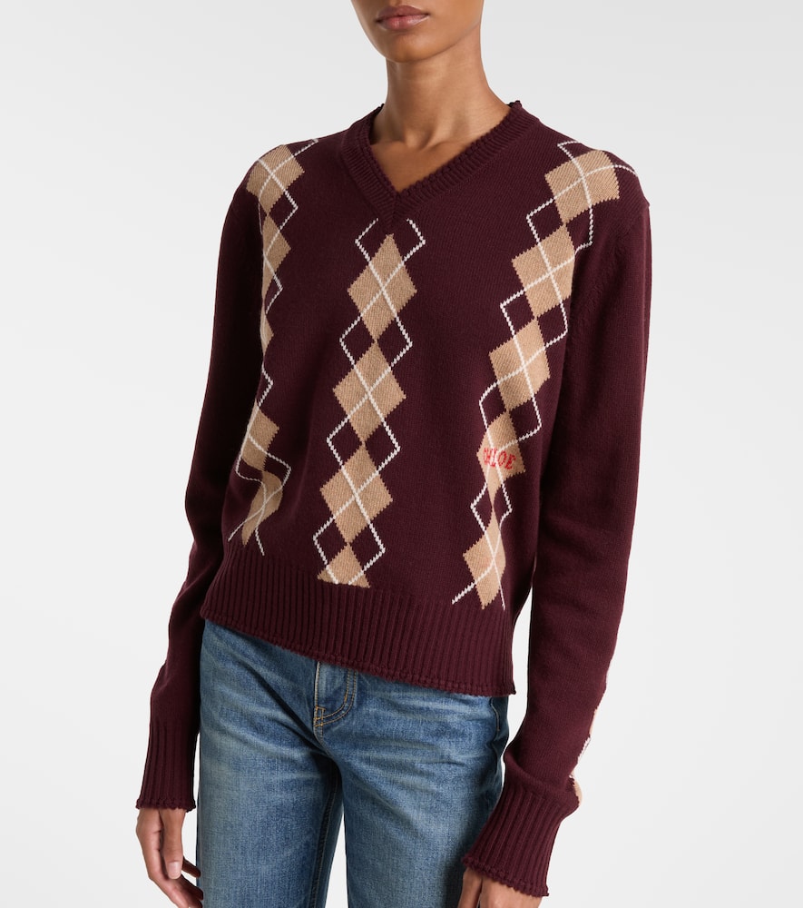 Chloé Chloe Argyle Wool And Cashmere Sweater In Burgundy