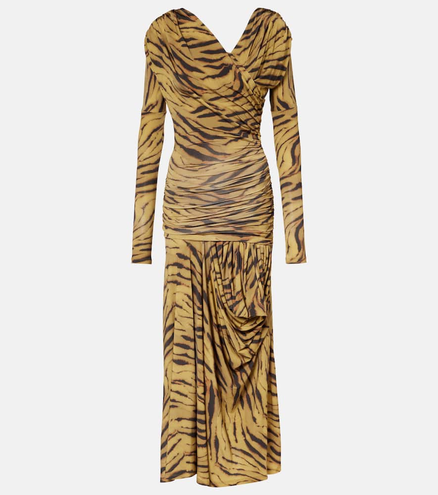 Ganni Asymmetric Draped Tiger-print Maxi Dress In Yellow