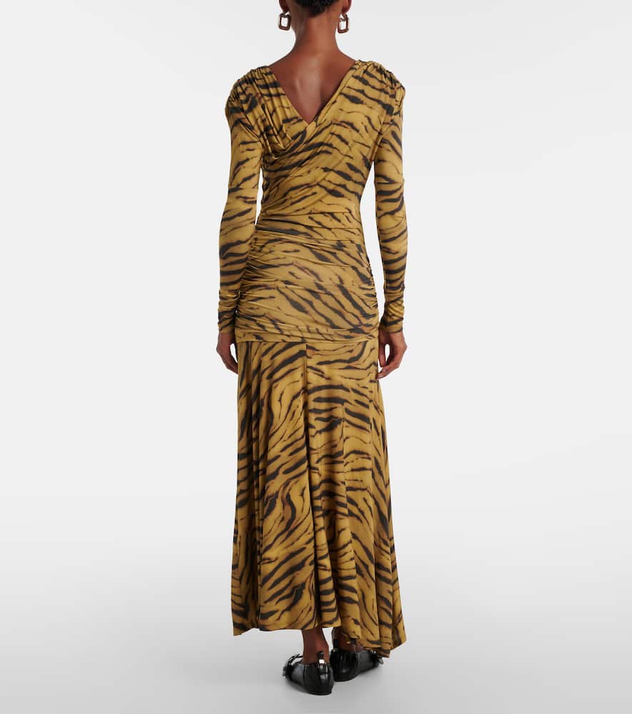 Ganni Asymmetric Draped Tiger-print Maxi Dress In Yellow