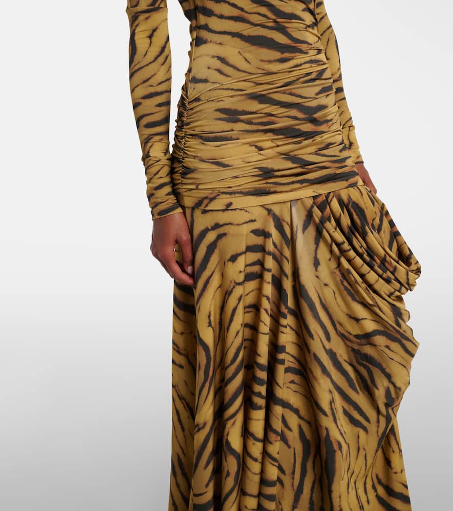 Ganni Asymmetric Draped Tiger-print Maxi Dress In Yellow
