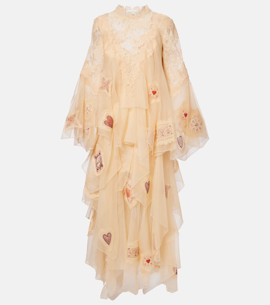 Zimmermann Hypnotic Cascading Semisheer Long Sleeve Lace Silk Gown In Multi