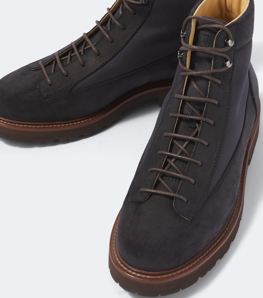 Suede-Trimmed Lace-Up Boots