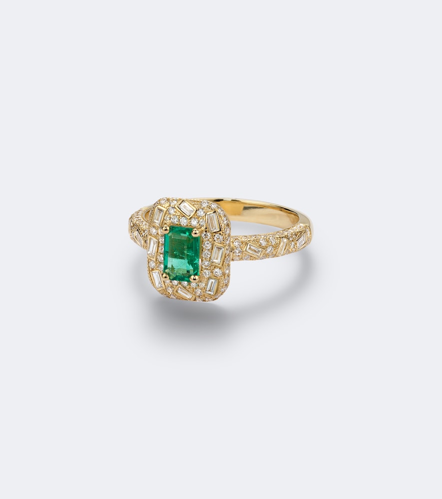 Suzanne Kalan Halo Portrait 18kt Gold Ring With Diamonds And Emerald In Multi