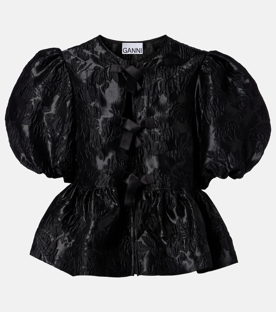 Ganni Women's Black Bow-Detail Floral Peplum Satin Blouse UK Size 14 - Mytheresa