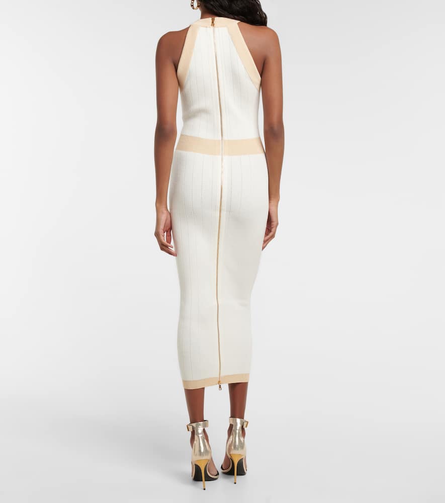 Shop Balmain Ribbed-knit Midi Dress In Naturel/or