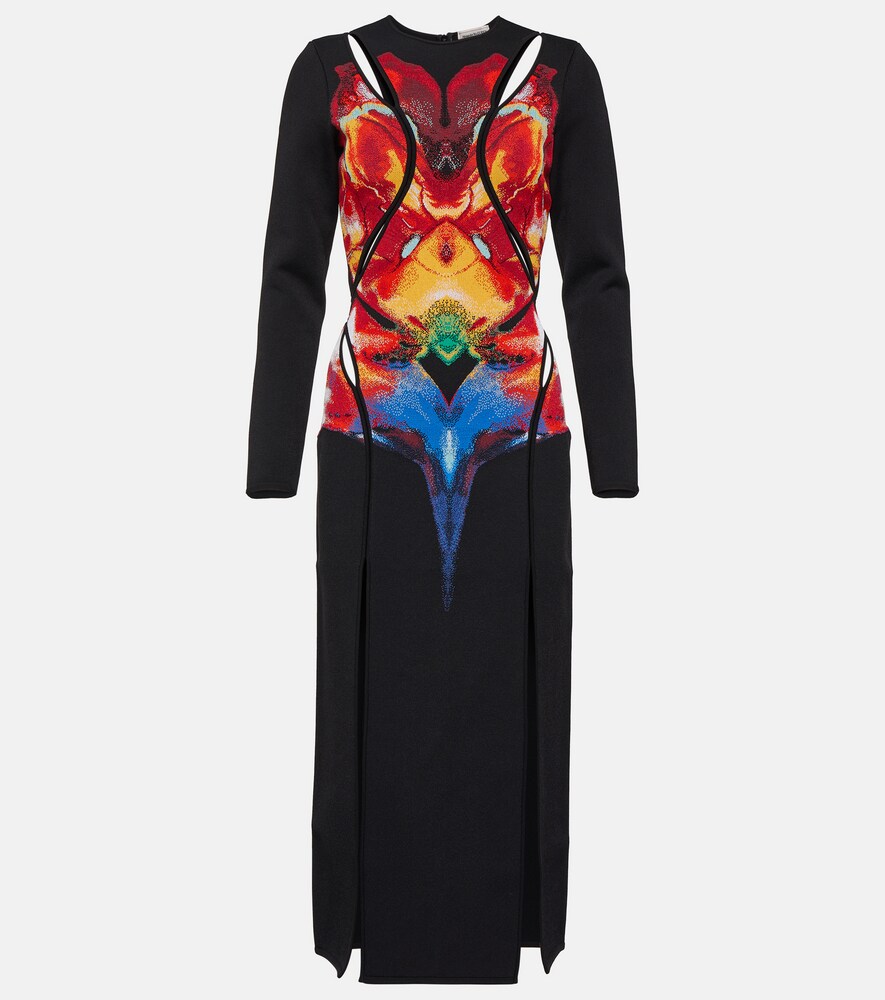 Alexander Mcqueen Flower Knit Maxi Dress With Slash Cutout Detail In Black