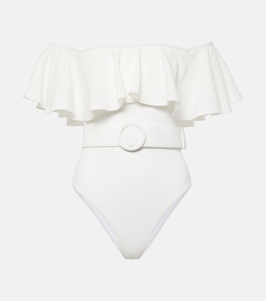 Shop Alexandra Miro Chantal Ruffled Swimsuit In Ecru Embroidery