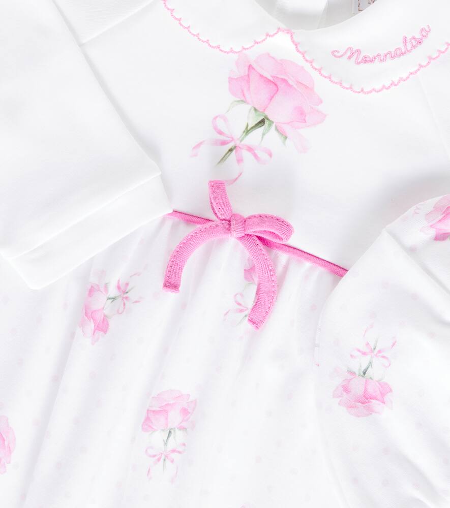 Monnalisa Baby Floral Cotton Jersey Onesie And Hat Set In White