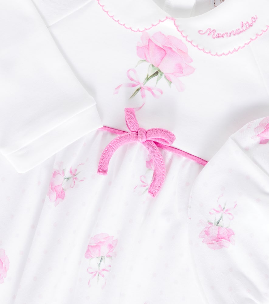 Monnalisa Baby Floral Cotton Jersey Onesie And Hat Set In White
