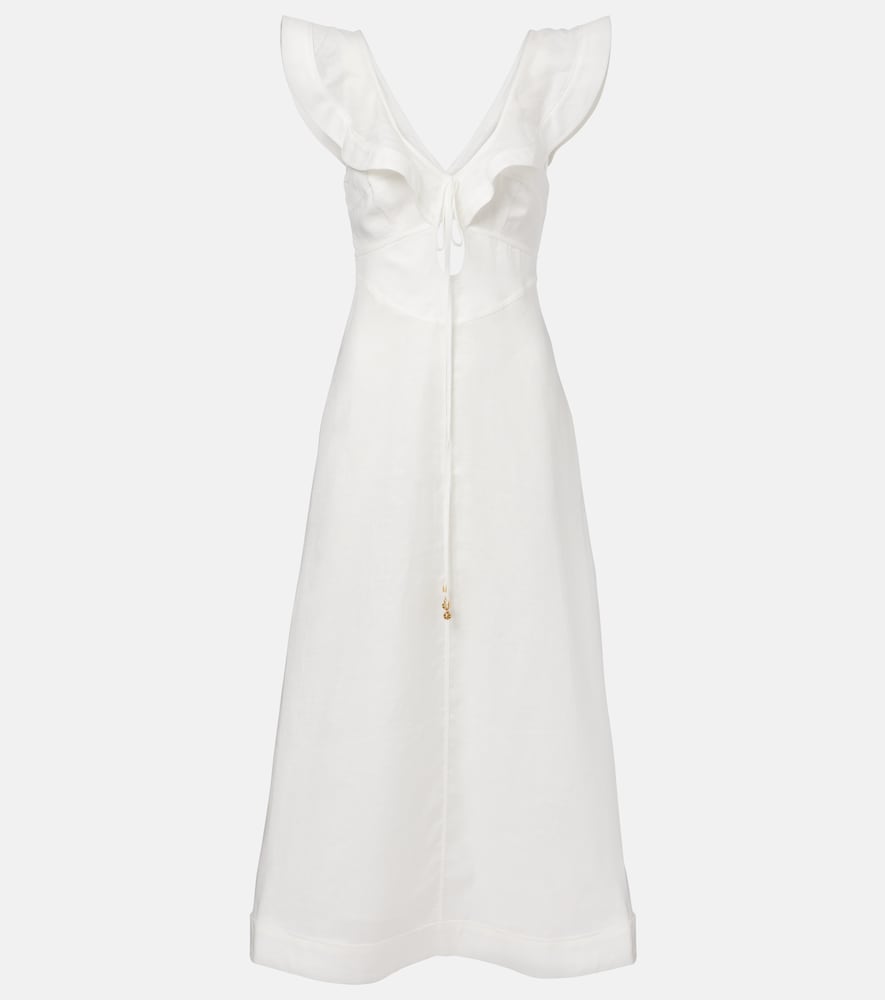 Zimmermann Women's White Rhiannon Ruffled Linen Midi Dress UK Size 16 - Mytheresa