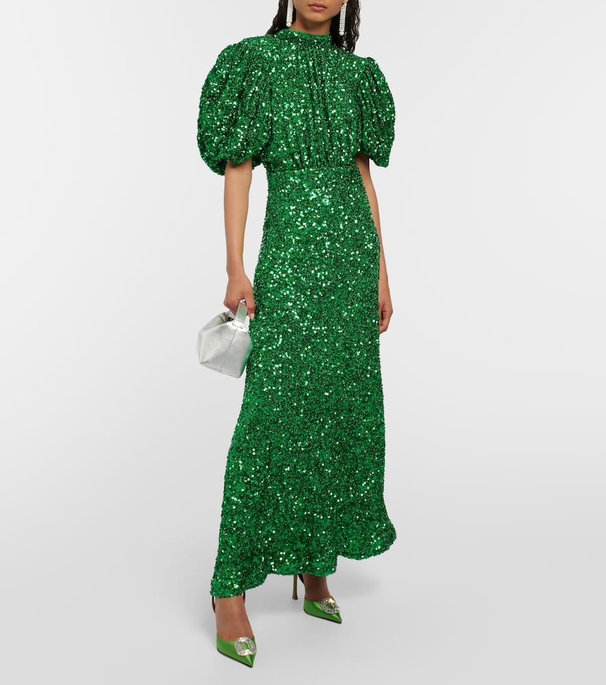 Shop Rotate Birger Christensen Embellished Puff-sleeve Maxi Dress In Green