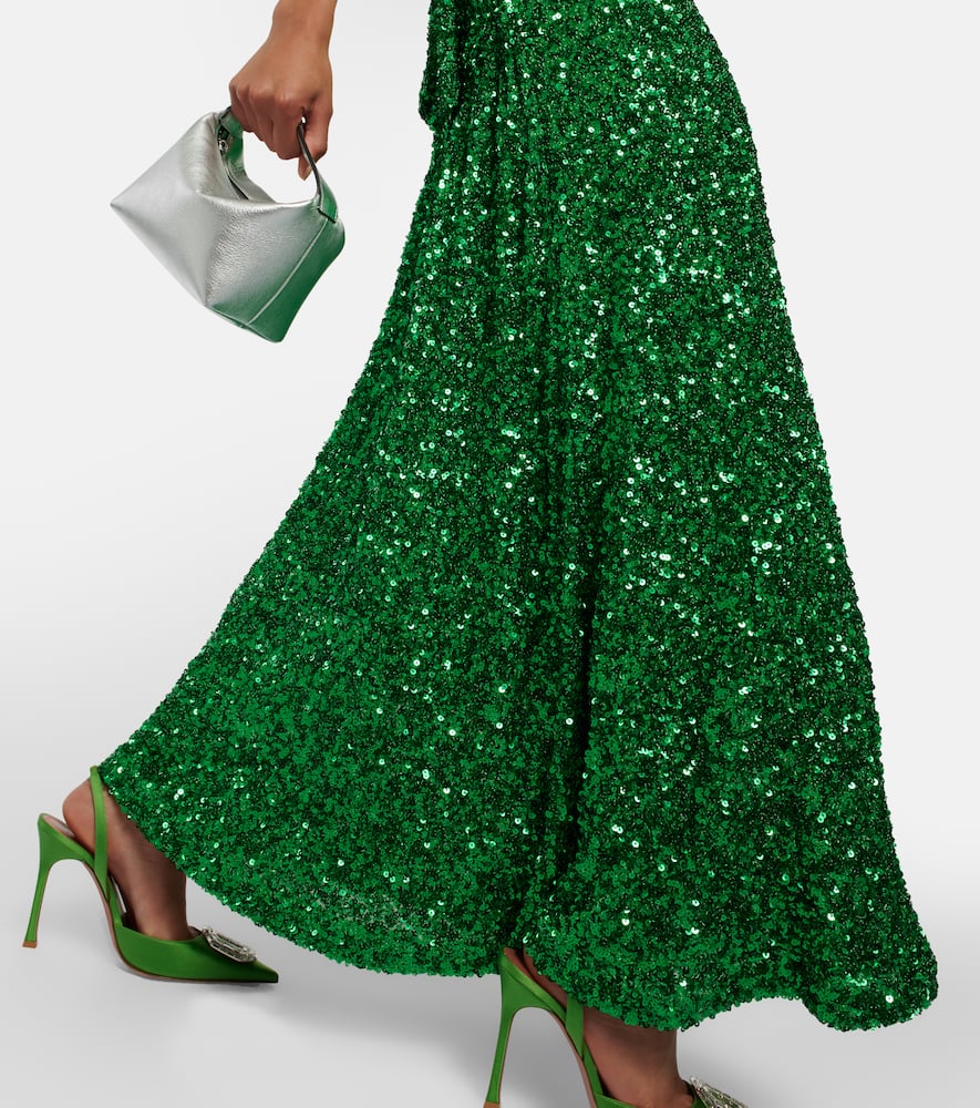 Shop Rotate Birger Christensen Embellished Puff-sleeve Maxi Dress In Green