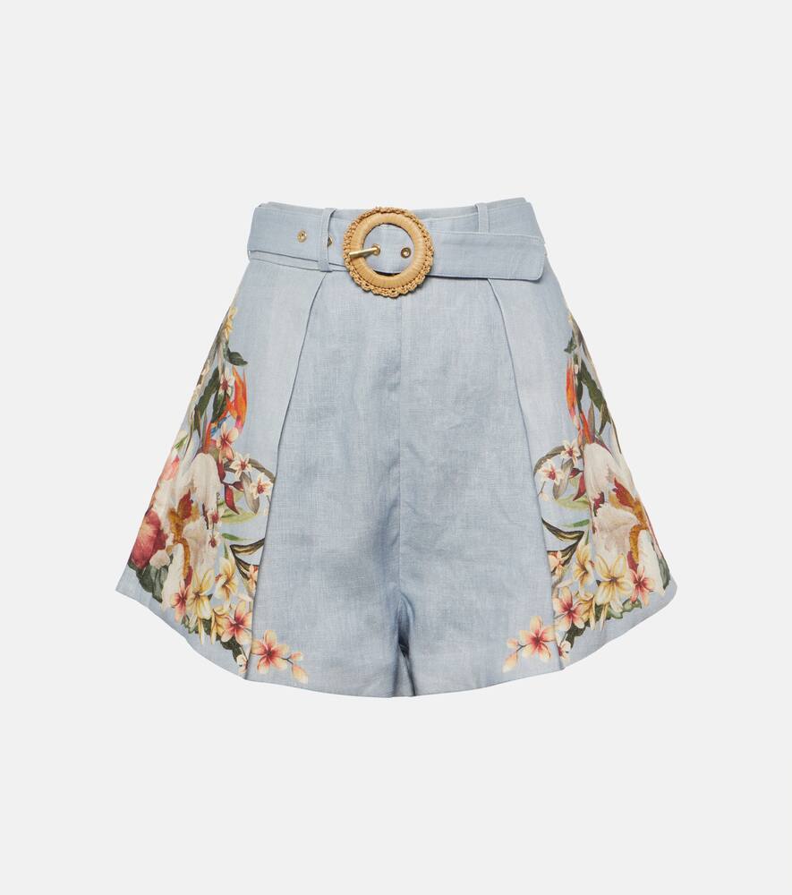 Zimmermann Lexi Belted Floral-print Linen Shorts In Blue Palm
