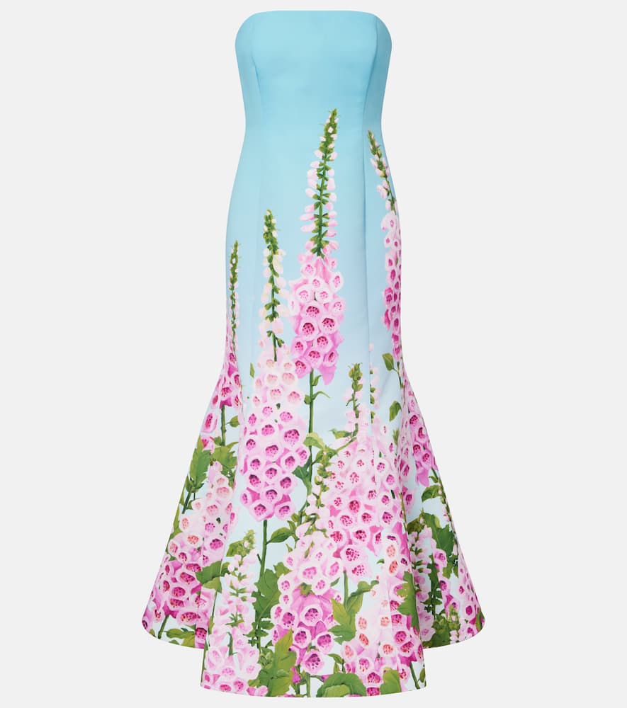 Oscar De La Renta Floral Printed Bustier Gown In Blue