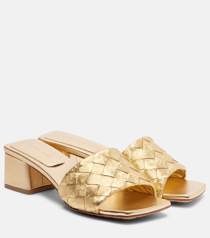 Bottega Veneta Parco Intrecciato Metallic Leather Mules In Gold