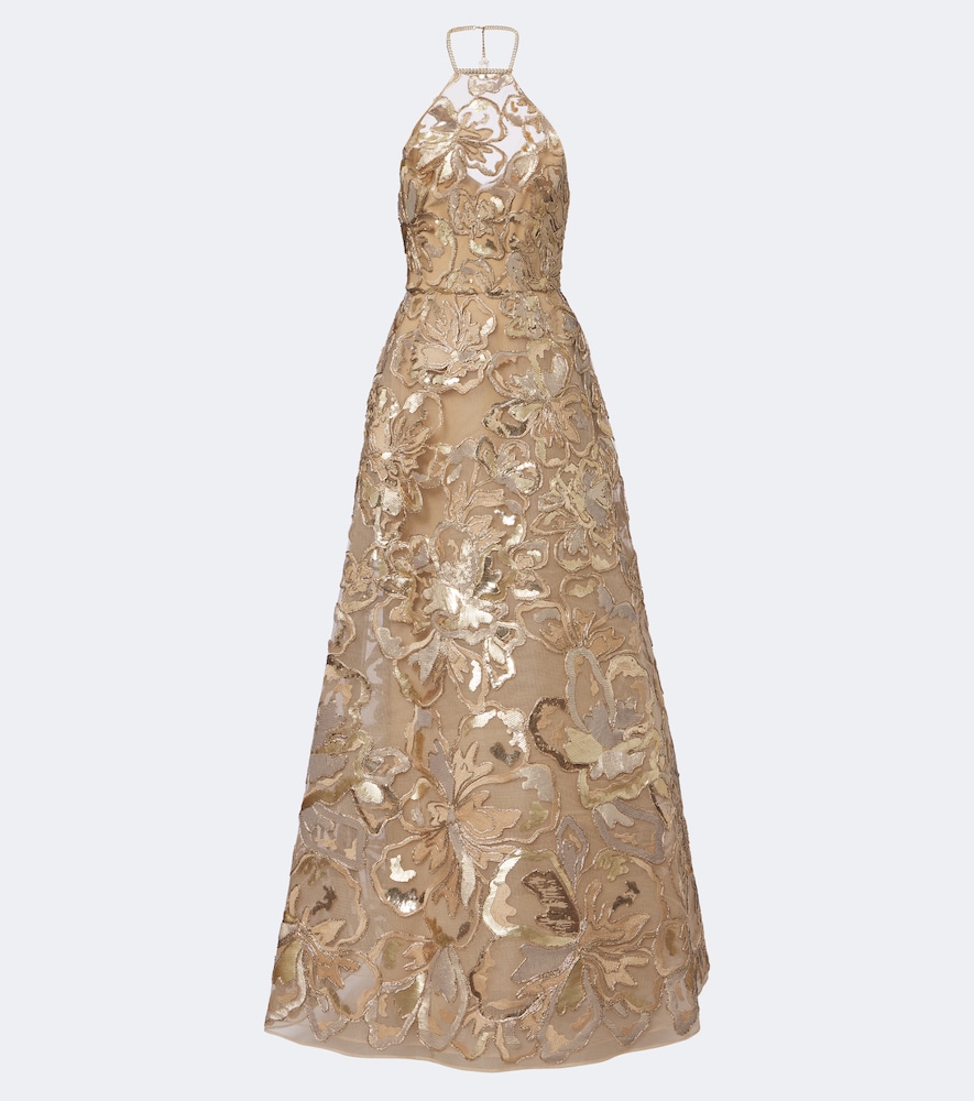 Elie Saab Women's Beige Sequined Halteneck Tulle Gown UK Size 14 - Mytheresa