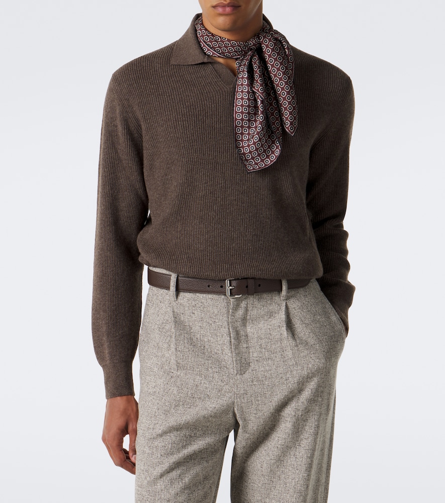 Ribbed-Knit Cashmere Polo Sweater